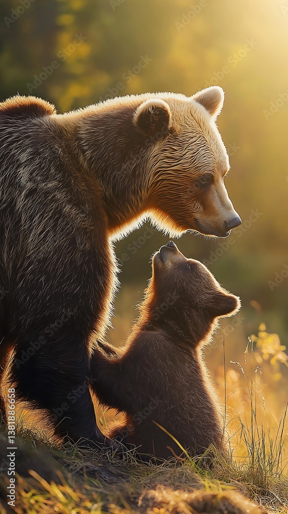 Obraz premium Mother Bear and Cub in Golden Hour: Capturing Tenderness and Wildlife Photography in Nature's Forest