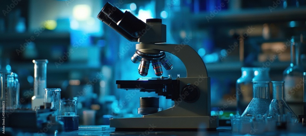 Close-up of a modern microscope in a laboratory with blurred scientific equipment in the background, lit by blue tones. Close-up of a modern microscope in a laboratory with blurred scientific equipment in the background, lit by blue tones.