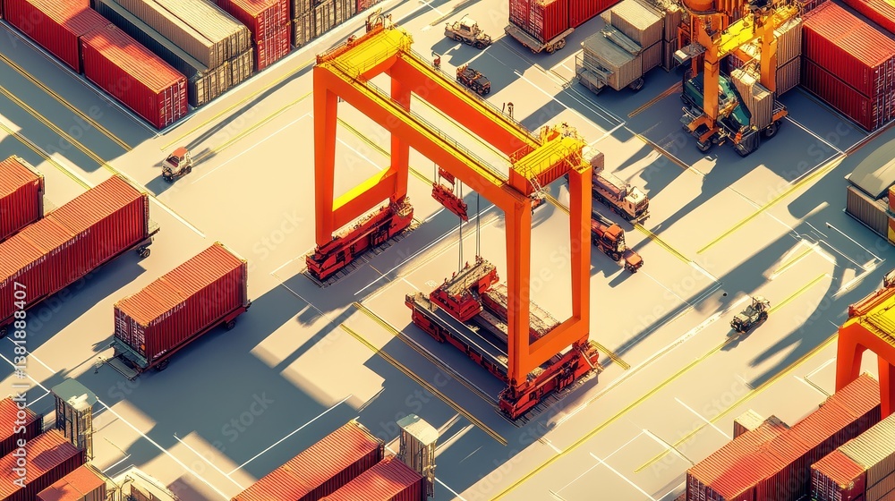 Shipping container yard with cranes loading cargo flat design top view global trade theme 3D render Split-complementary color scheme. Shipping container yard with cranes loading cargo flat design top view global trade theme 3D render Split-complementary color scheme.