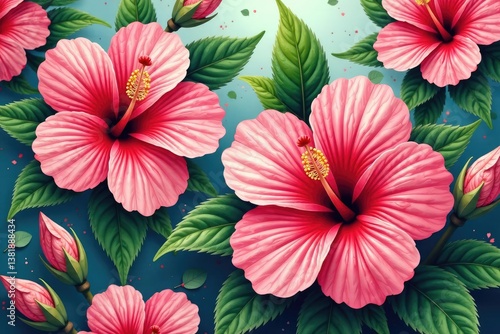 Wallpaper Mural Bold hibiscus blooms, stylized leaves, repeating motif , red, green, orange Torontodigital.ca