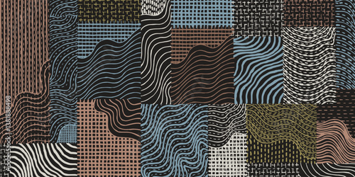 Hand drawn brush lines abstract patchwork collage waves and water with stitching texture pattern, Japanese Sashiko traditional embroidery handcraft inspired surface experimental design background
