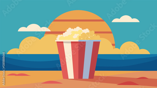 A bag of freshly popped popcorn perfect for snacking on during a sunset beach picnic.. Vector illustration