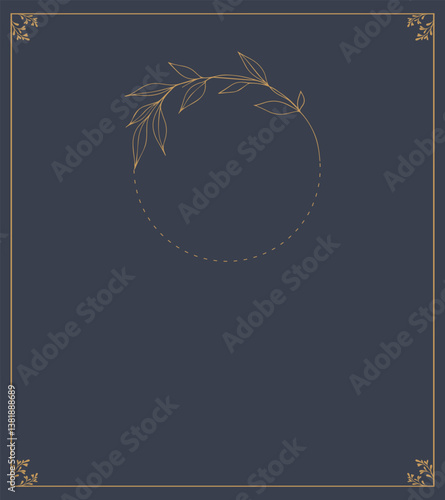 Funeral card. Empty card with dark background and photo frame with leaves. Gold frame.
