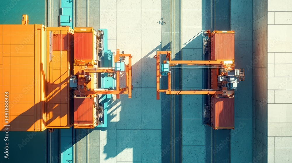 Shipping container yard with cranes loading cargo flat design top view global trade theme 3D render Split-complementary color scheme. Shipping container yard with cranes loading cargo flat design top view global trade theme 3D render Split-complementary color scheme.