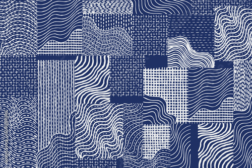 Hand drawn brush lines abstract patchwork collage waves and water with stitching texture pattern, Japanese Sashiko traditional embroidery handcraft inspired surface experimental design background