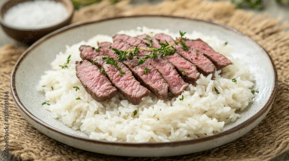 A gourmet beef and rice dish, garnished with herbs, plated on a rough stone background with warm lighting. A gourmet beef and rice dish, garnished with herbs, plated on a rough stone background with warm lighting.