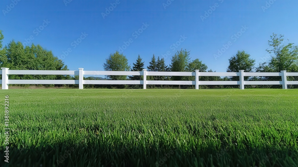 Fototapeta premium White vinyl fence on a lawn with green grass, trees in the background, and a clear blue sky overhead. Ultra-realistic outdoor scene.