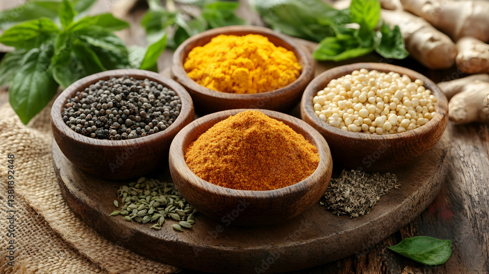 Aromatic spices in bowls on wooden board Aromatic spices in bowls on wooden board