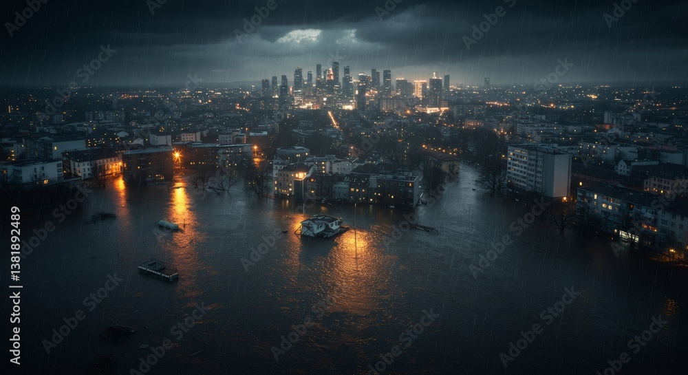Fototapeta premium City flooded at night: Urban disaster scene with submerged streets and illuminated buildings under stormy sky. Climate change impact on metropolis, rising sea levels concept