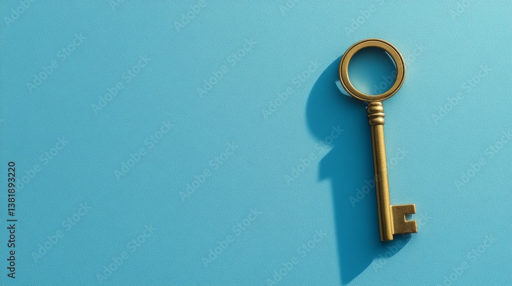 Golden skeleton key on light blue background: minimalist vintage design Golden skeleton key on light blue background: minimalist vintage design