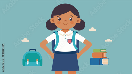 A girl proudly showing off her DIY backpack and personalized school uniform putting her own spin on the dress code.. Vector illustration