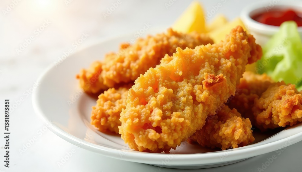 Close-up of crispy fried chicken strips on white , photography, restaurant, chicken Close-up of crispy fried chicken strips on white , photography, restaurant, chicken