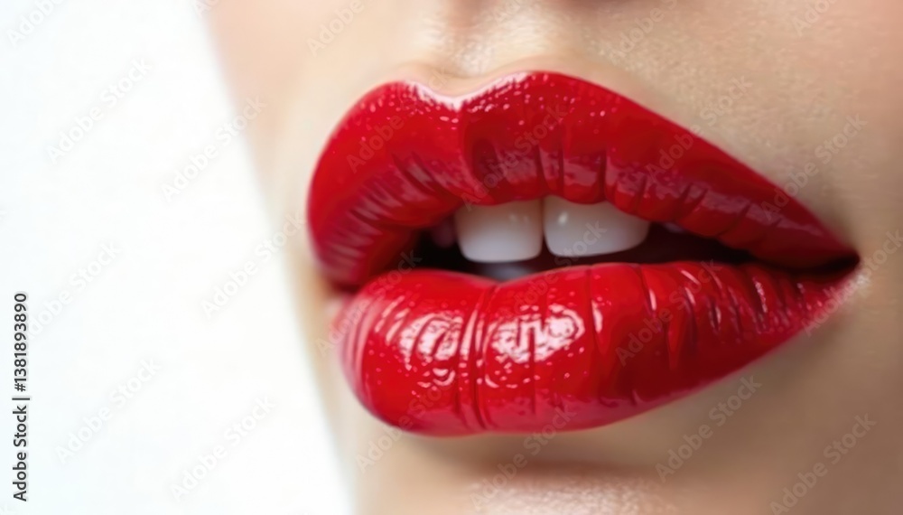 Close-up of luscious red lips on pure white backdrop, makeup, tone, full lips Close-up of luscious red lips on pure white backdrop, makeup, tone, full lips