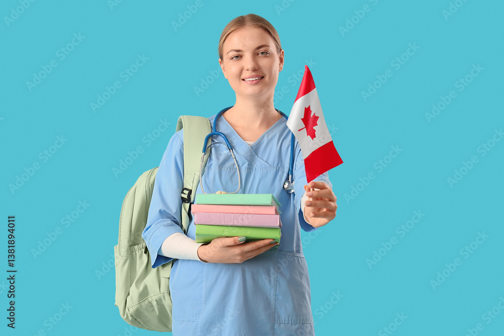 Female medical student with books and flag of Canada on blue background Female medical student with books and flag of Canada on blue background