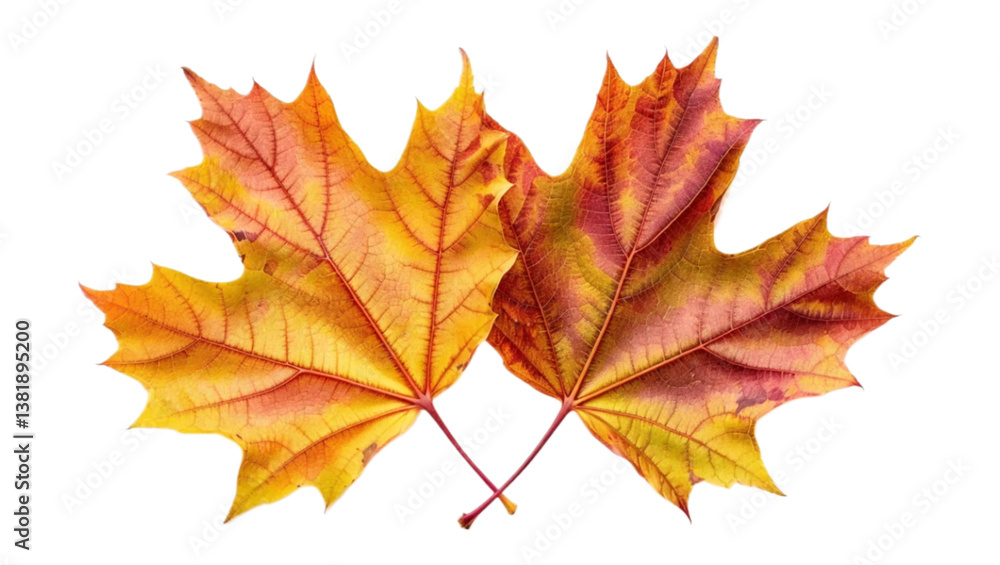 Fototapeta premium Vibrant Autumn Maple Leaves A Pair of Golden and Red Leaves Isolated on White