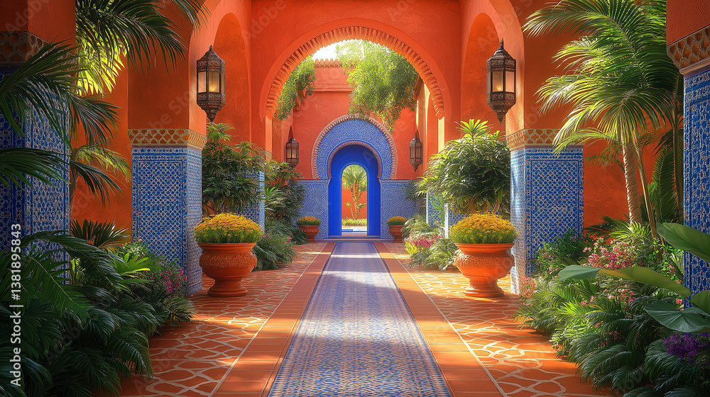 Fototapeta premium Vibrant Arabian Oasis Entrance with Blue Arches, Orange Walls, Lush Greenery, Hanging Lanterns, and White Patterned Rug – Hyper-Realistic 3D Render in High Resolution and Cinematic Detail