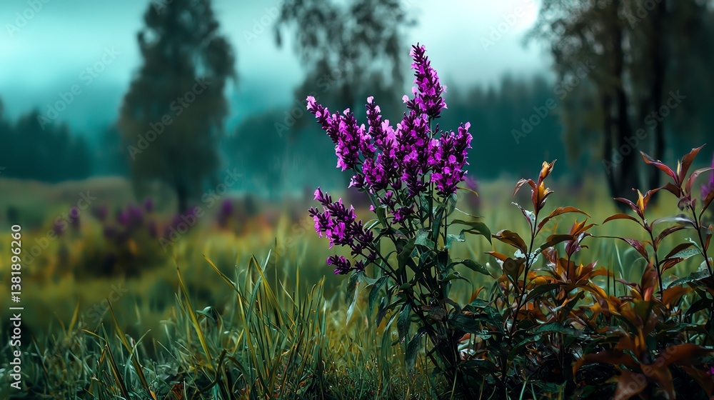 Obraz premium Vibrant Purple Flowers Blooming in Serene Green Landscape