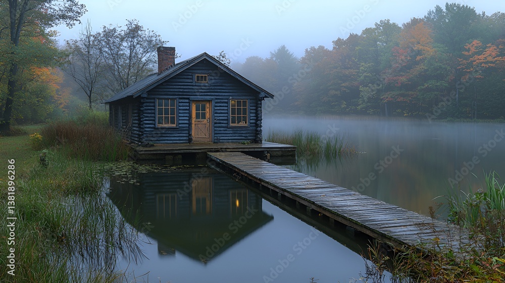 Misty Morning Cabin on a Lakeside Dock Misty Morning Cabin on a Lakeside Dock