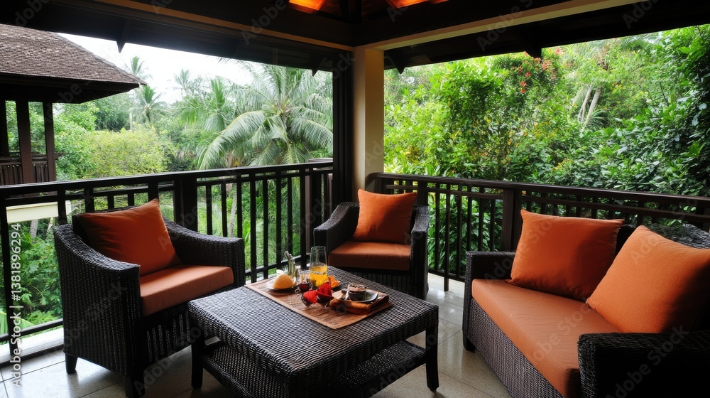 Fototapeta premium A luxurious boutique with a breezy veranda overlooking the sparkling sea.