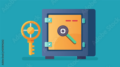 A locked safe with a key hovering above it symbolizing the need to secure personal data.. Vector illustration