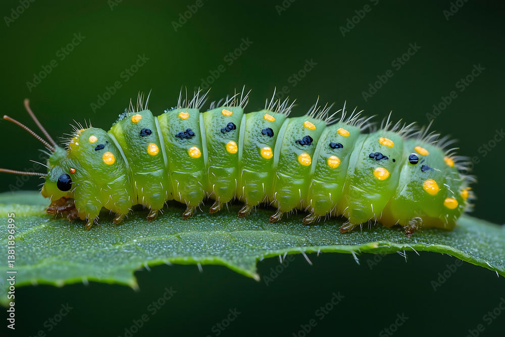 Green caterpillar feeding on leaf in a lush garden during daylight hours Green caterpillar feeding on leaf in a lush garden during daylight hours