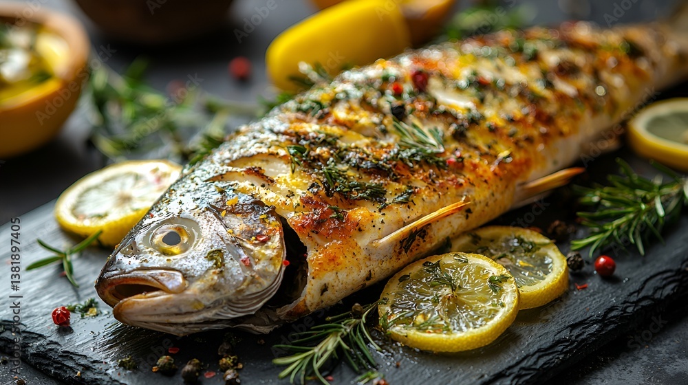 Roasted Fish with Herbs and Lemon on Slate Roasted Fish with Herbs and Lemon on Slate