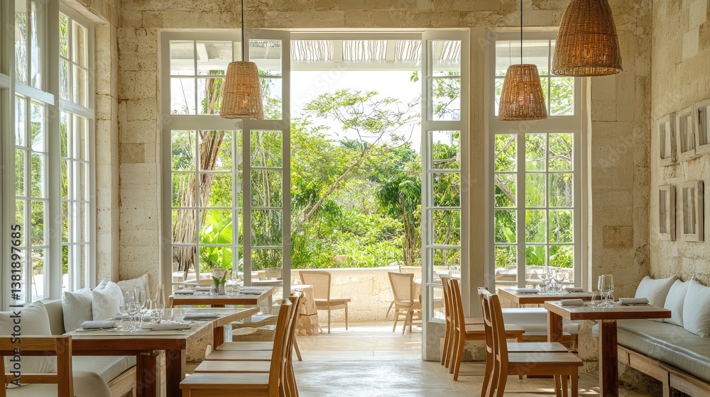 Fototapeta premium A resort caf with a soft neutral palette, open windows, and ocean breezes.