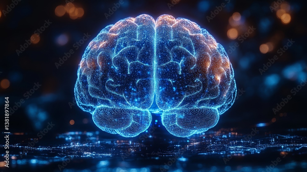 Glowing neural network representation of a human brain with digital connections Glowing neural network representation of a human brain with digital connections
