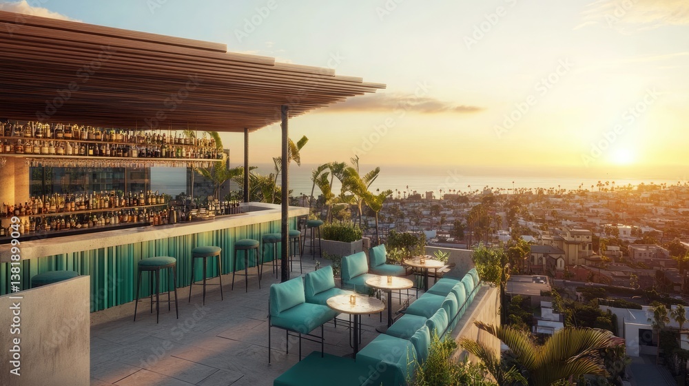 Fototapeta premium A trendy rooftop bar with teal and white seating, overlooking a coastal sunset.
