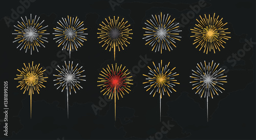 Vibrant, flat, vector style illustration of twelve fireworks exploding on a dark background. Vector Illustration