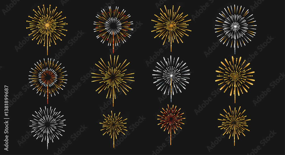 Vibrant, flat, vector illustration of twelve bursts of fireworks on a dark background. Each burst is circular in gold and silver. Vector Illustration Vibrant, flat, vector illustration of twelve bursts of fireworks on a dark background. Each burst is circular in gold and silver. Vector Illustration