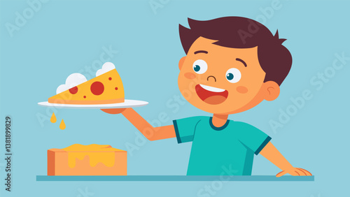 A boy eagerly grabs a slice of pizza from the lunch line unable to resist its cheesy goodness.. Vector illustration