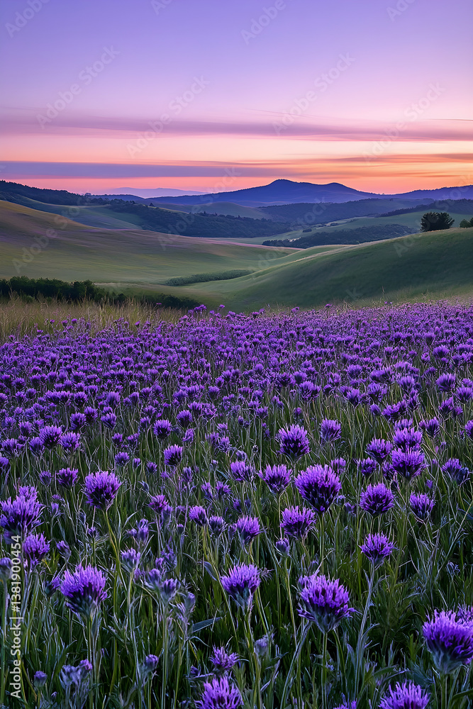 Naklejka premium Twilight Magic: Ethereal Violet Serenity in a Tranquil Meadow Hues of Dusk