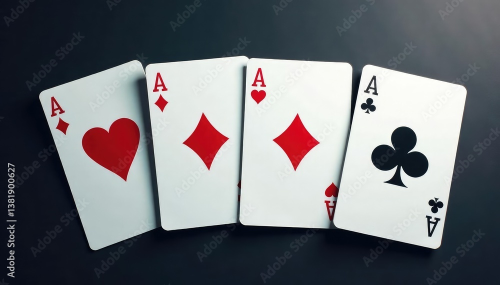 Four aces laid out in a distinct, recognizable formation , hearts, arrangement Four aces laid out in a distinct, recognizable formation , hearts, arrangement