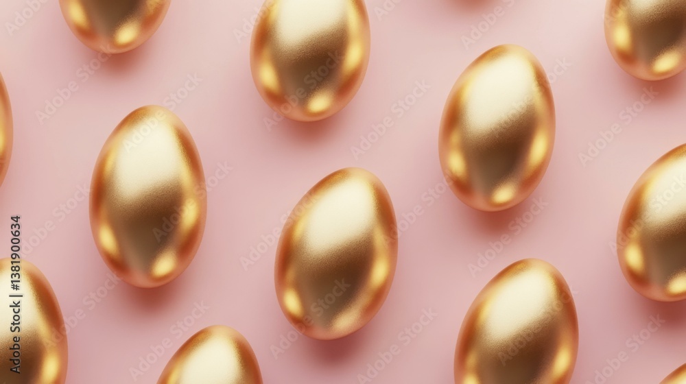 Shiny Gold Easter Eggs on Pale Pink Surface for Celebration Shiny Gold Easter Eggs on Pale Pink Surface for Celebration