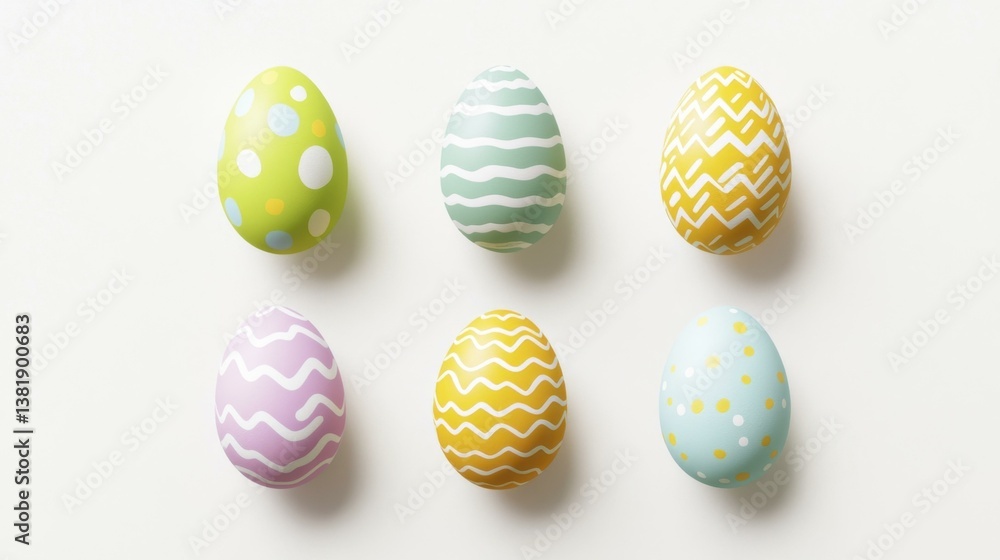 Six Pastel Easter Eggs with Dots, Waves and Zigzag Patterns Six Pastel Easter Eggs with Dots, Waves and Zigzag Patterns