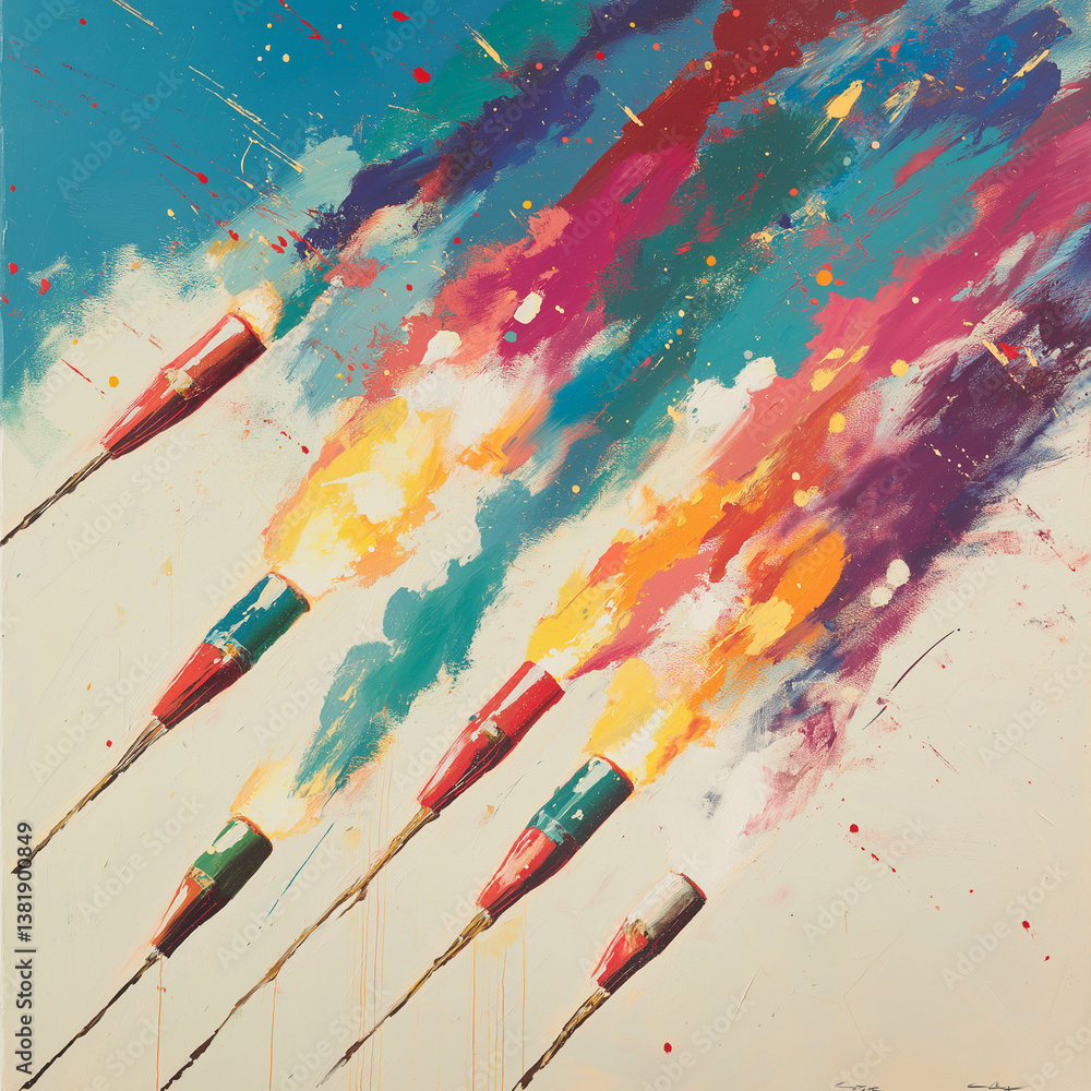 Fototapeta premium A series of firecrackers popping off against a white backdrop creating a vivid display