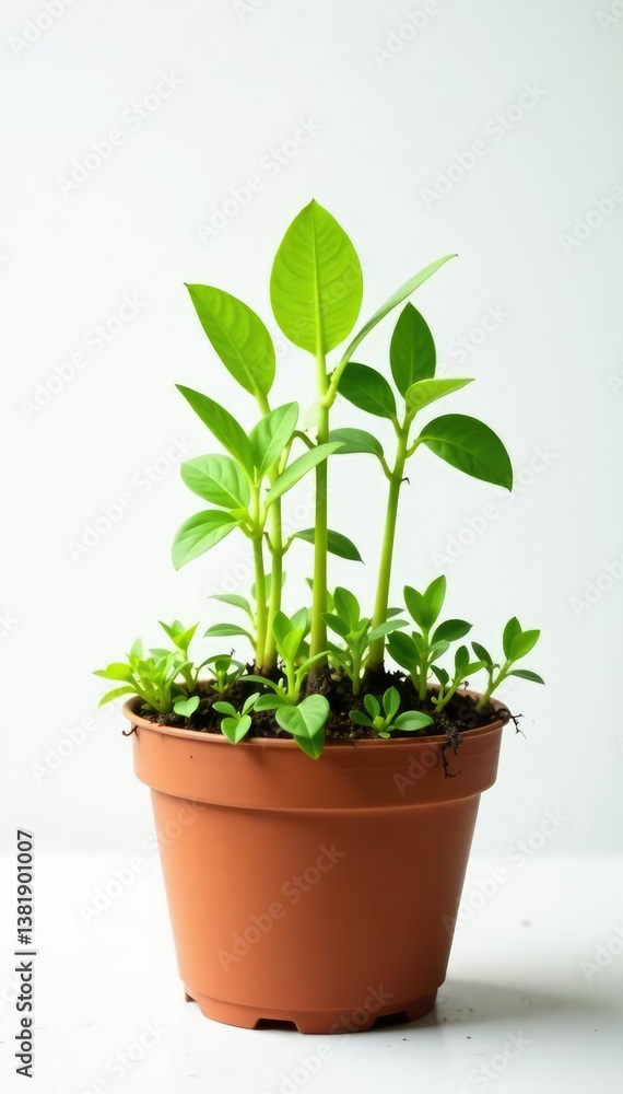 Fototapeta premium sprouts of greenery emerging from pot against white background, plants, small, foliage