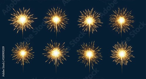 A digital sign showing ten bursts of fireworks. Each burst is a circular explosion of warm gold and yellow tones, with varying intensity and saturation against a dark blue background. Vector 