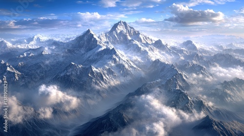 Snowy Mountain Range Peaks Above Clouds and Blue Sky Scenic