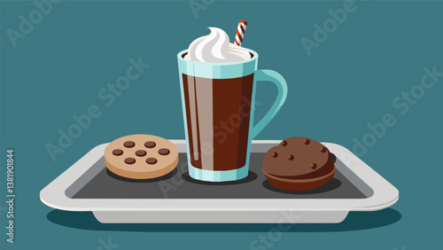 A sleek silver tray showcasing a frothy cup of hot chocolate and an array of gourmet cookies drizzled with a generous amount of chocolate sauce.. Vector illustration