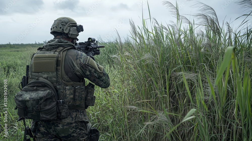 Fototapeta premium Soldier engaging in tactical maneuvers marshland military action outdoor environment side view warfare strategy