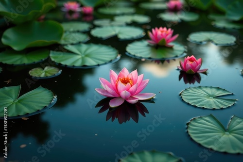 Water lilies forming a repeating pattern on a lake's surface, elegant, green, design