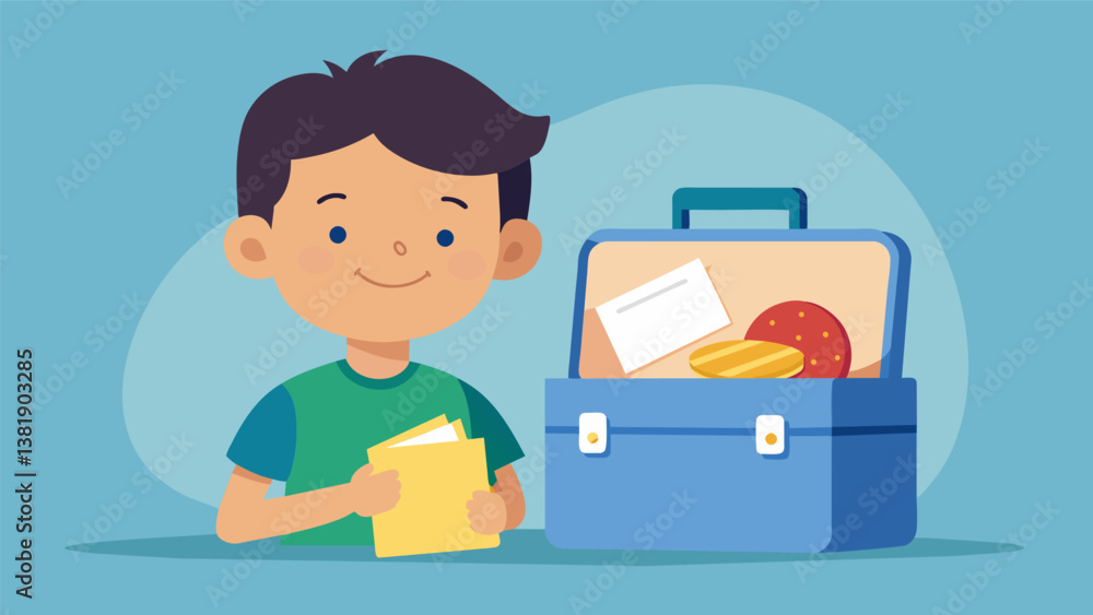 A boys lunch box holds a postit note from his dad encouraging him to do his best on a test.. Vector illustration A boys lunch box holds a postit note from his dad encouraging him to do his best on a test.. Vector illustration