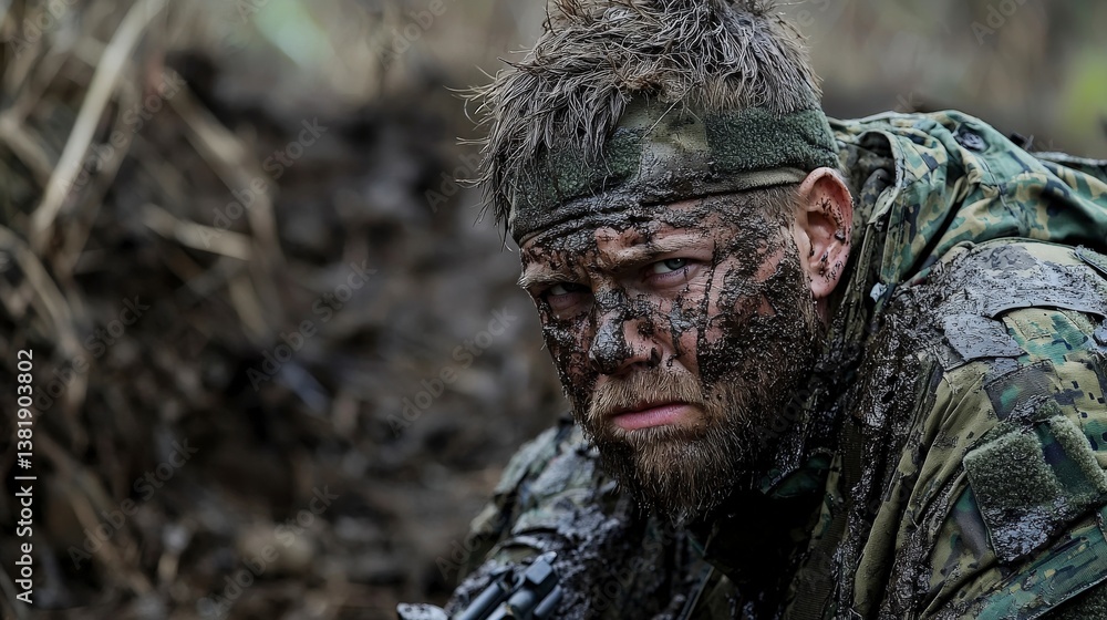Soldier in camouflage engaged in combat jungle terrain action scene intense environment close-up survival concept Soldier in camouflage engaged in combat jungle terrain action scene intense environment close-up survival concept