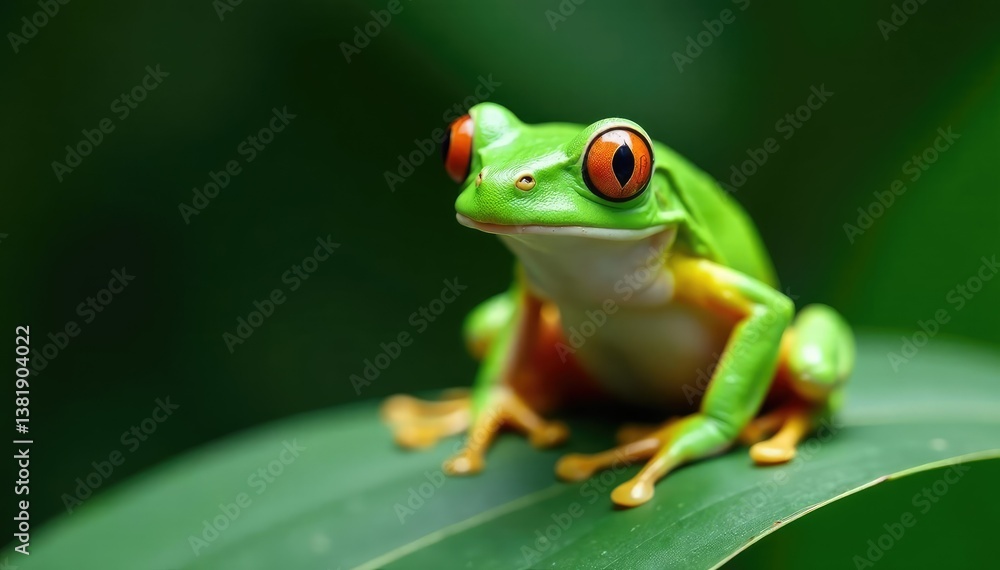 Obraz premium Green tree frog perched on white, vibrant skin, clean, white