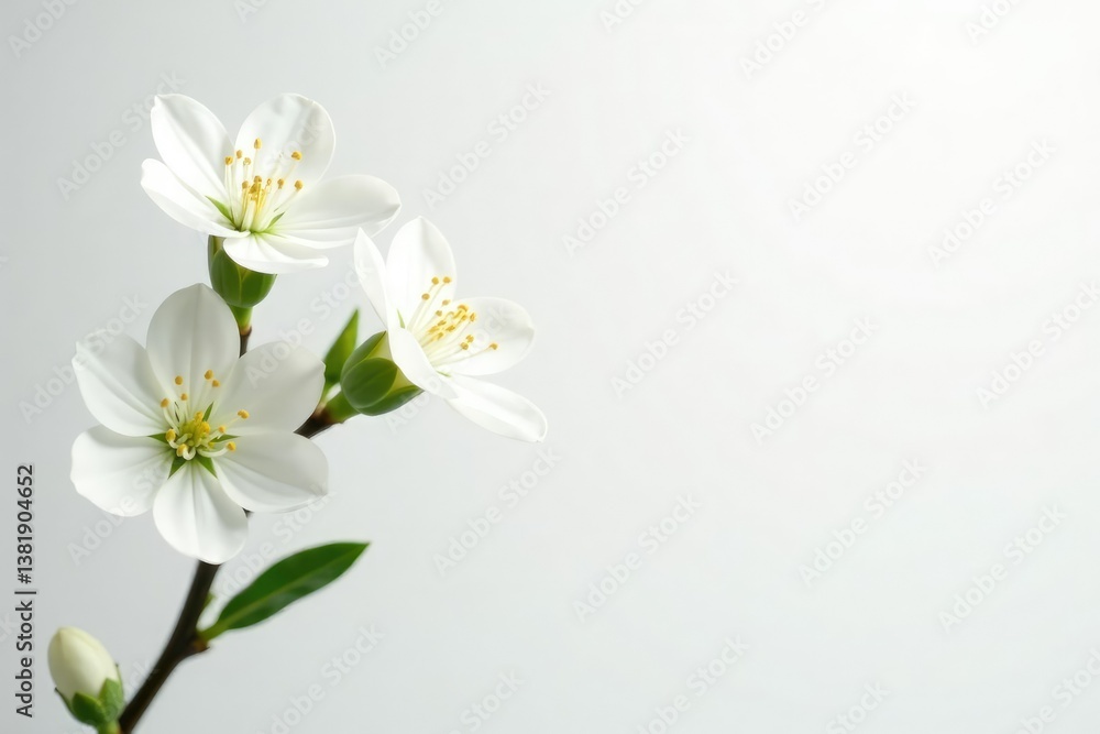 Fototapeta premium Delicate white blossoms against pure white backdrop, white flowers, background, white background