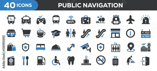 Public navigation icons collection. Related public symbol, signs. Solid colors style icons. Vector illustration isolated on white background