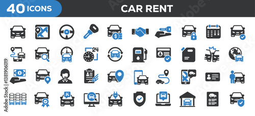 Car rent icons collection. Related car dealer, automobile, rental, booking. Solid colors style icons. Vector illustration isolated on white background