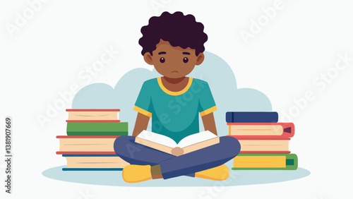 A child sitting on the floor surrounded by piles of textbooks focusing intently on covering them with their favorite colors and patterns.. Vector illustration